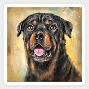 Painting of a Gorgeous Rottweiler with Its Tongue Out on Orange Background Sticker